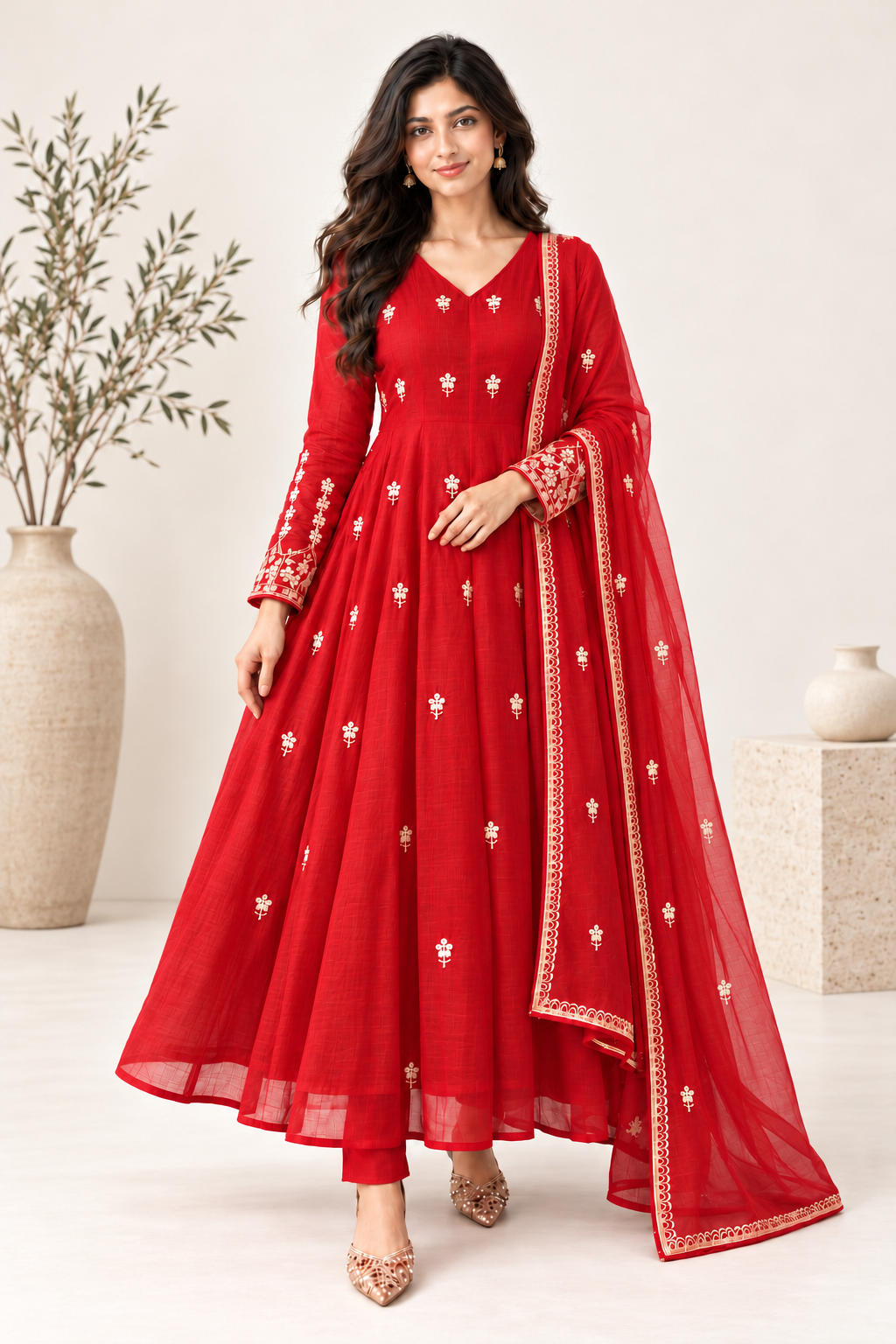 Crimson Grace Red Embroidered Mul Chanderi Anarkali Set