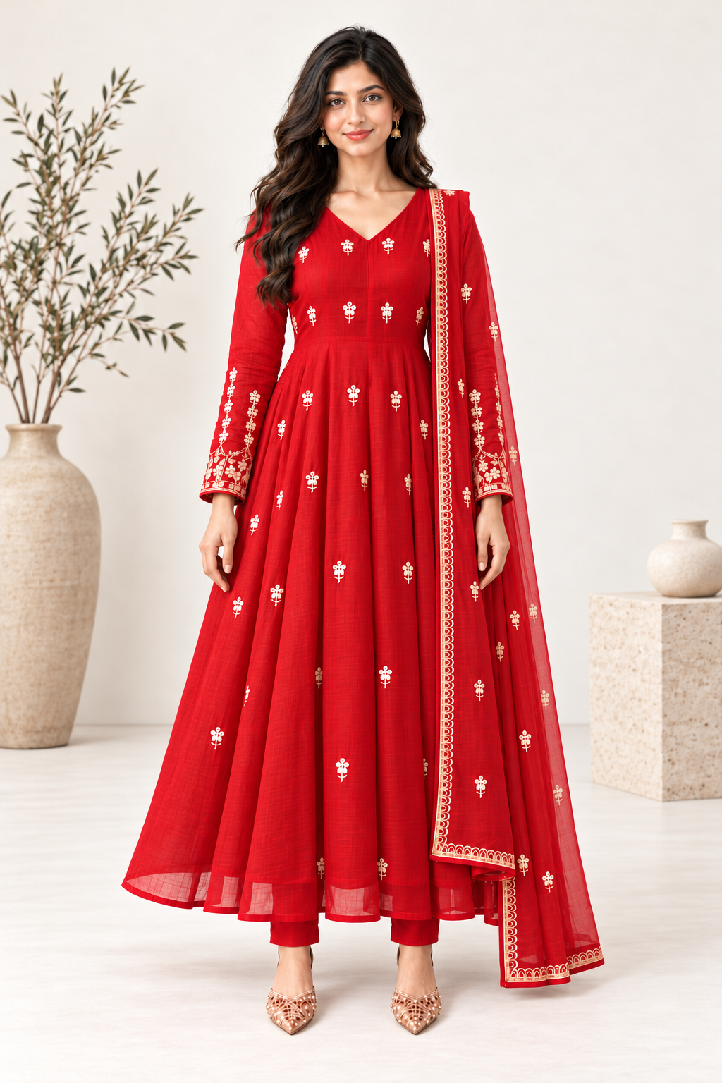 Crimson Grace Red Embroidered Mul Chanderi Anarkali Set