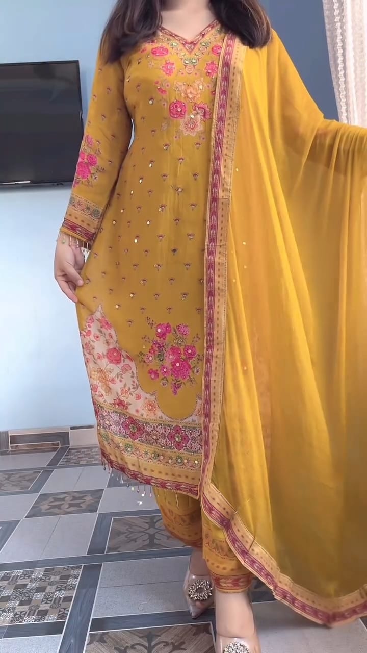 Yellow Chinon Mirror Work Salwar Suit
