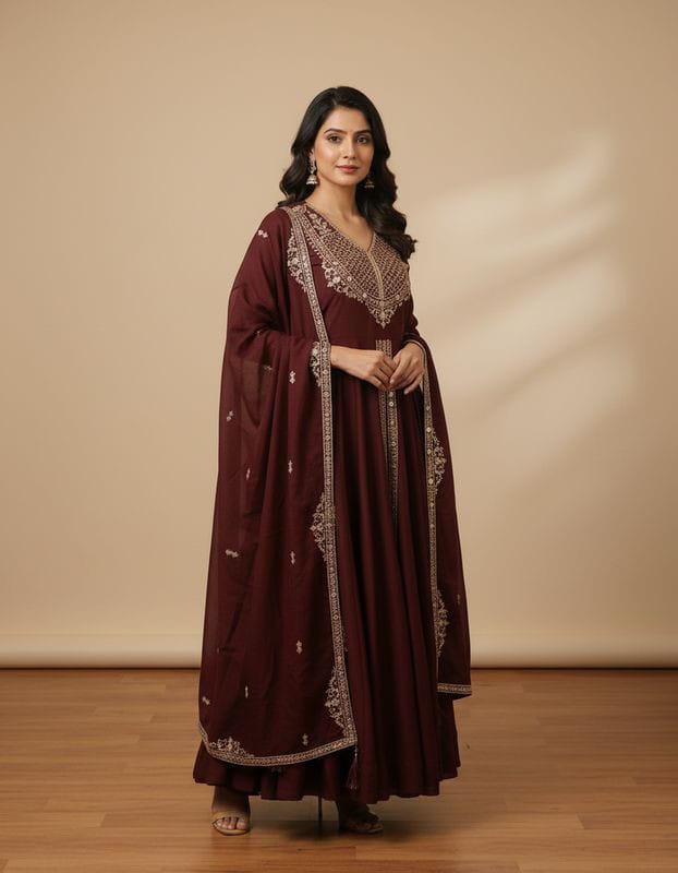 Maroon Designer Embroidered Kurta Set with Dupatta