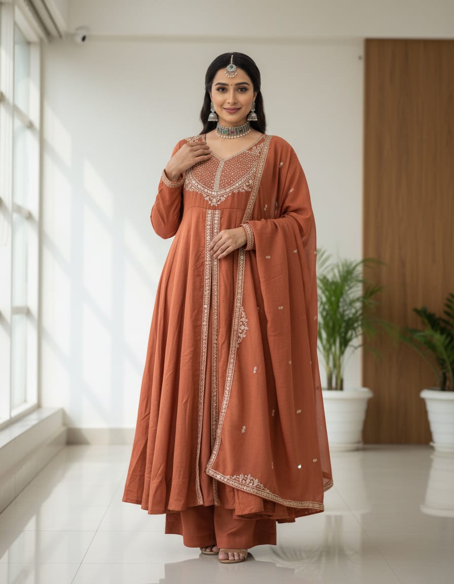 Brown Designer Embroidered Kurta Set with Dupatta