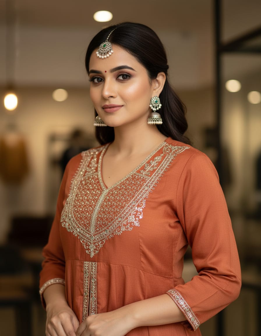 Brown Designer Embroidered Kurta Set with Dupatta