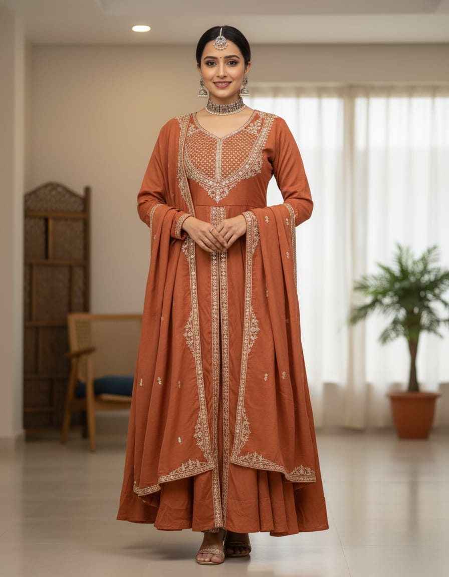 Brown Designer Embroidered Kurta Set with Dupatta