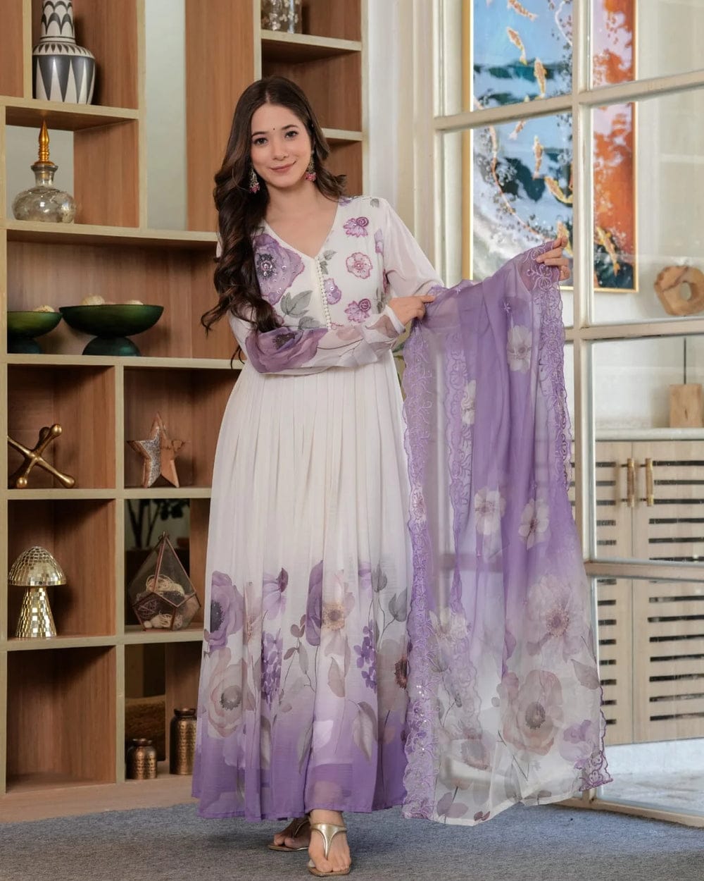 Lavender Bloom Printed Anarkali Gown with Sheer Dupatta