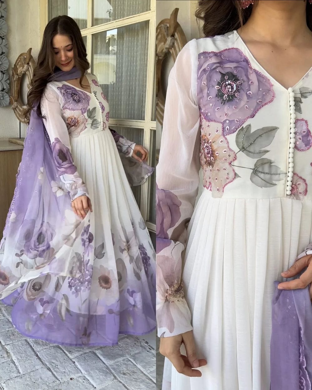 Lavender Bloom Printed Anarkali Gown with Sheer Dupatta
