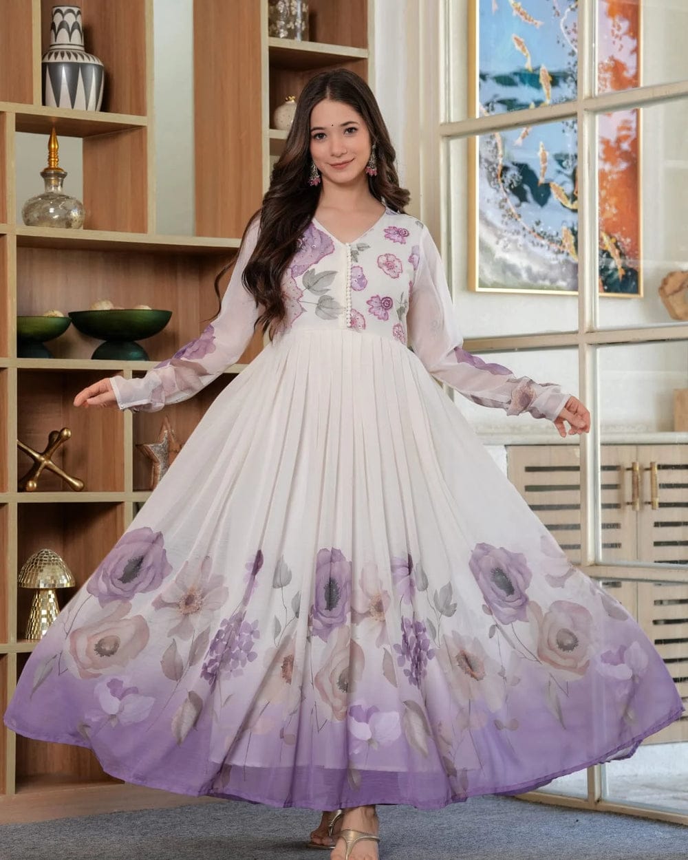Lavender Bloom Printed Anarkali Gown with Sheer Dupatta