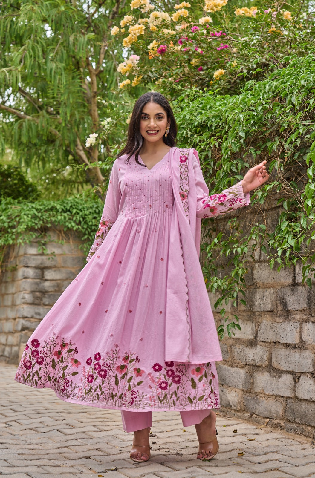 Pink Floral Embroidered Anarkali Kurta Set with Dupatta