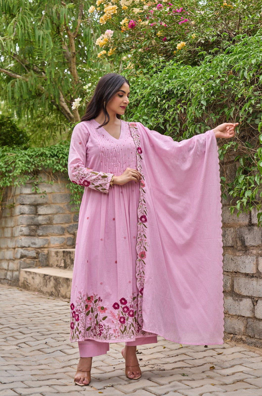 Pink Floral Embroidered Anarkali Kurta Set with Dupatta