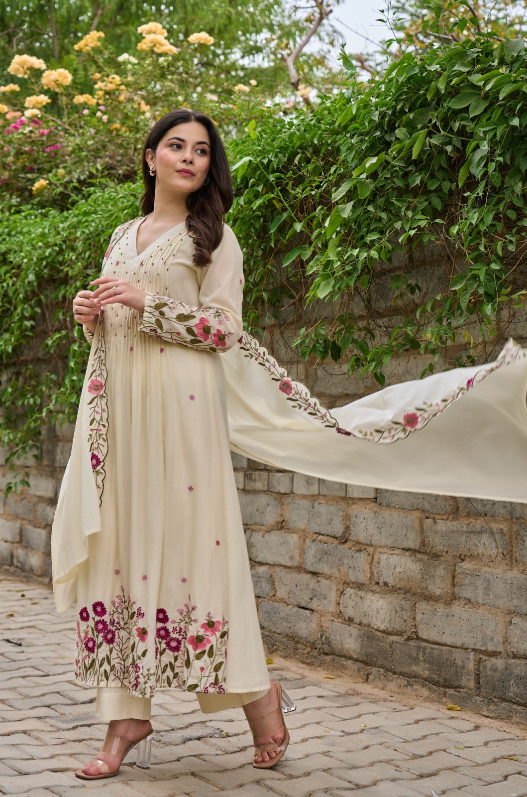 Cream Floral Embroidered Anarkali Kurta Set with Dupatta
