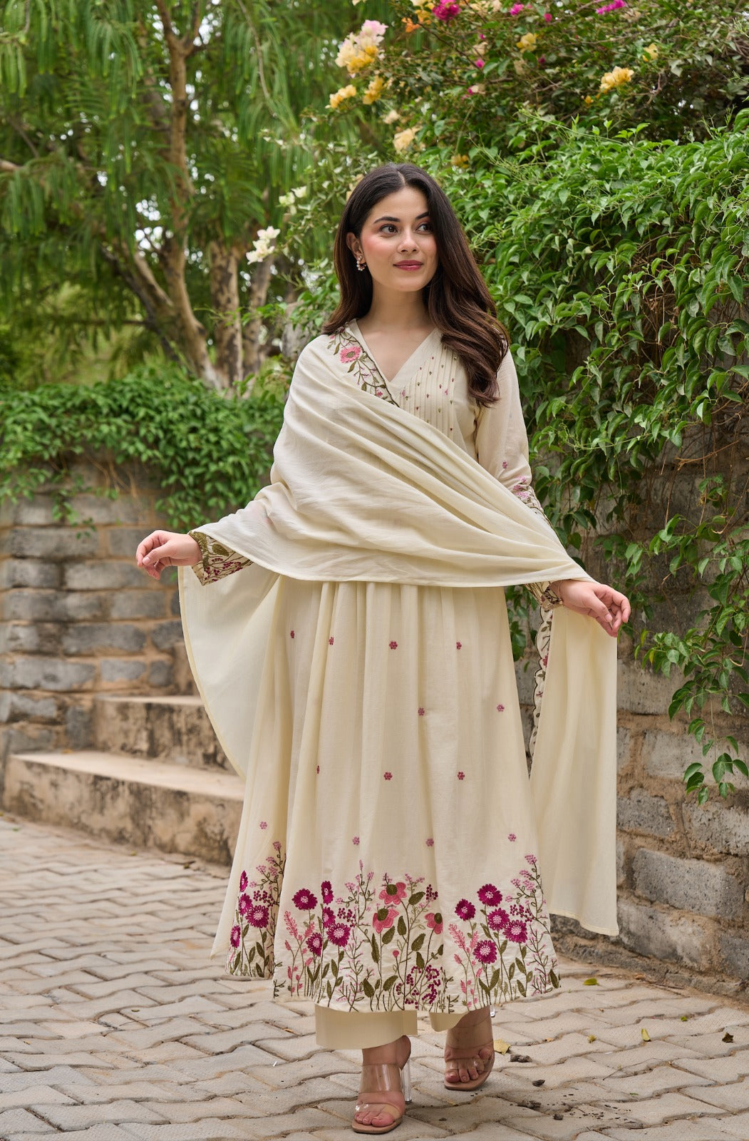 Cream Floral Embroidered Anarkali Kurta Set with Dupatta