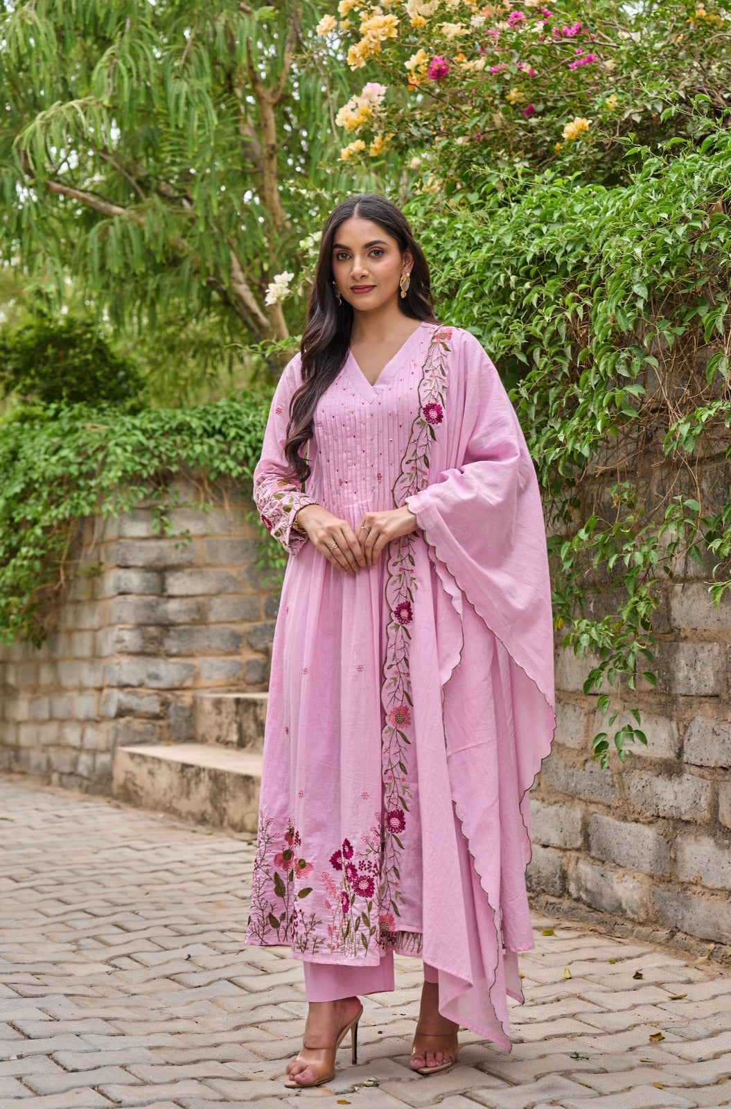 Pink Floral Embroidered Anarkali Kurta Set with Dupatta