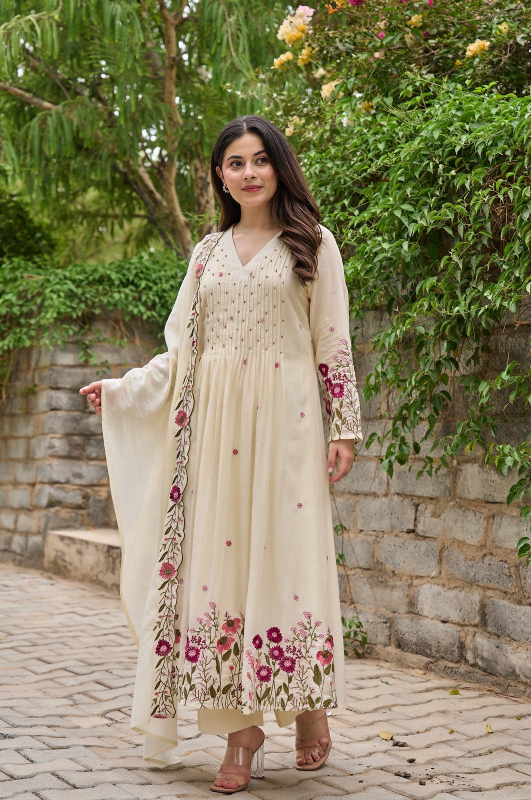 Cream Floral Embroidered Anarkali Kurta Set with Dupatta