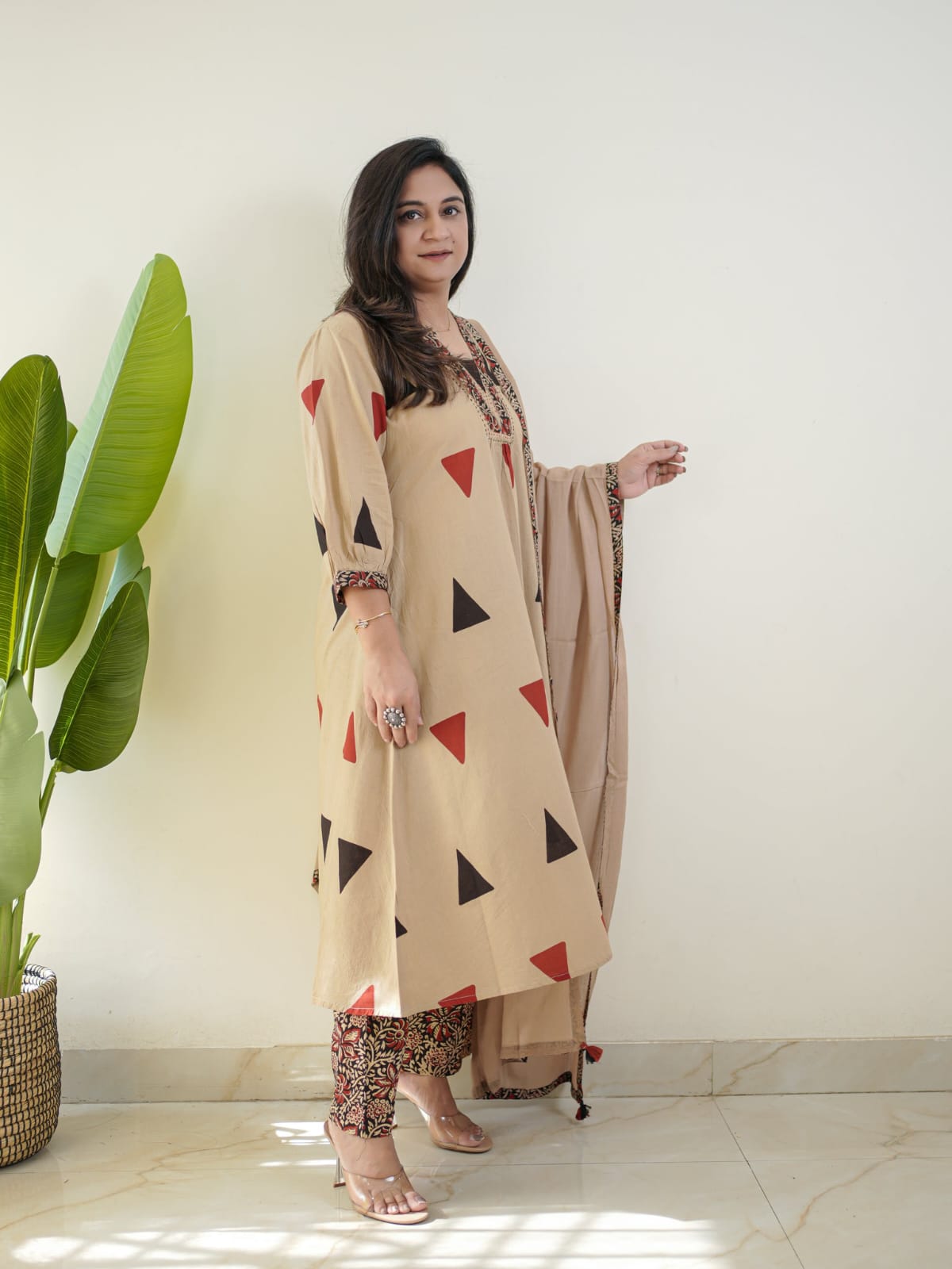 Beige Geometric Printed Kurta Set with Dupatta