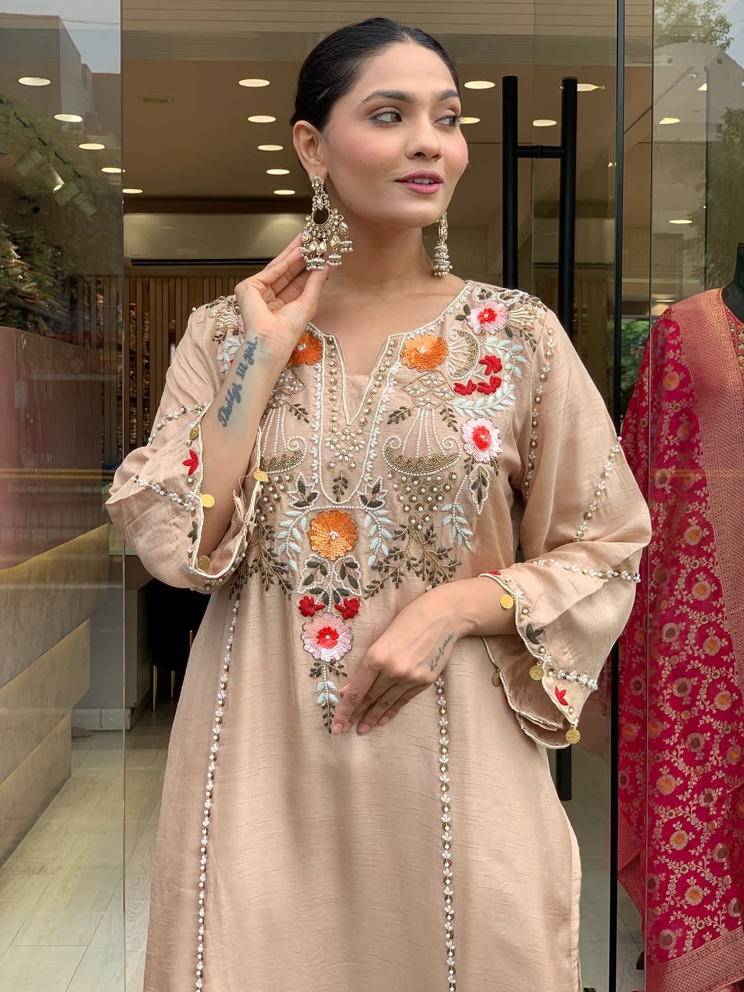 Elegant Beige Cotton Embroidered Kurta Set with Dupatta