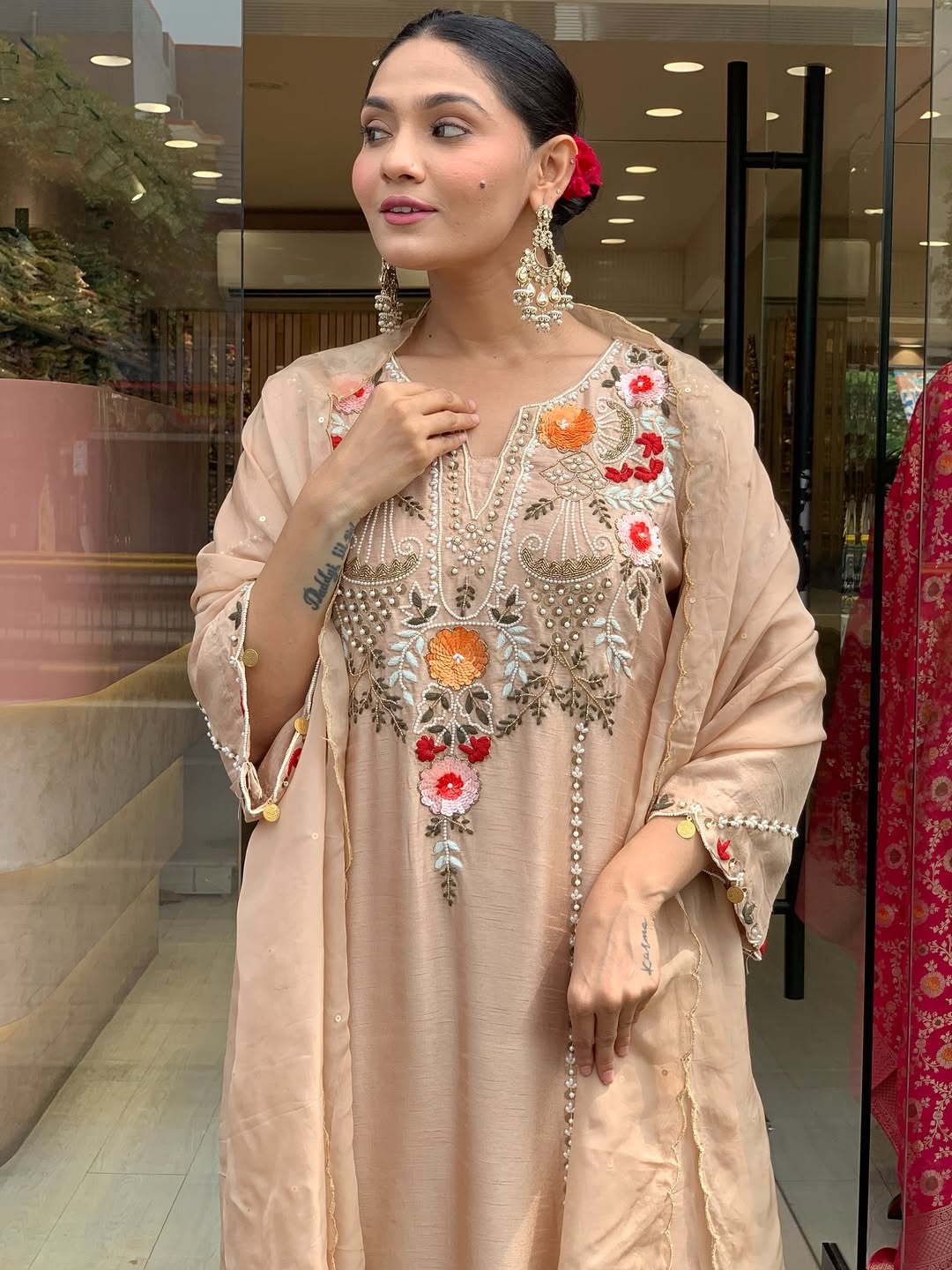 Elegant Beige Cotton Embroidered Kurta Set with Dupatta