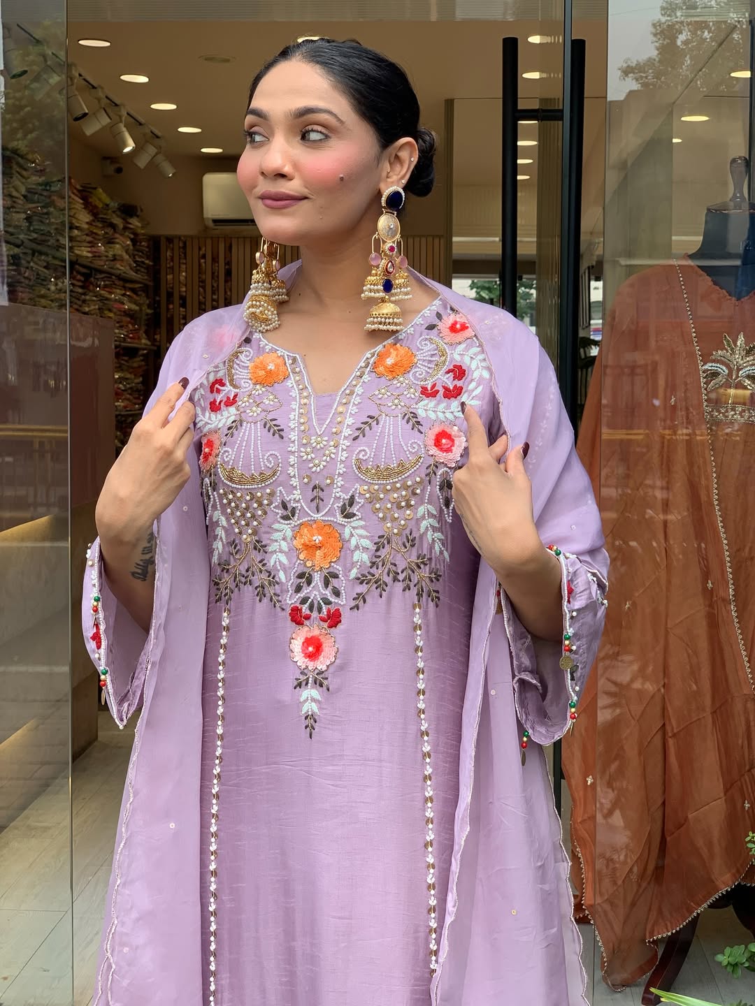 Elegant Lavender Cotton Embroidered Kurta Set with Dupatta