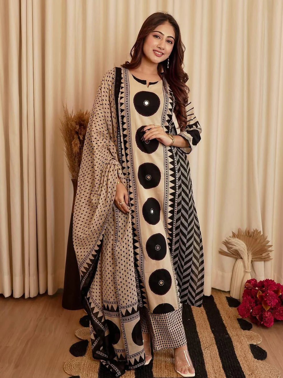 Beige & Black Printed Kurta Set with Dupatta for Women