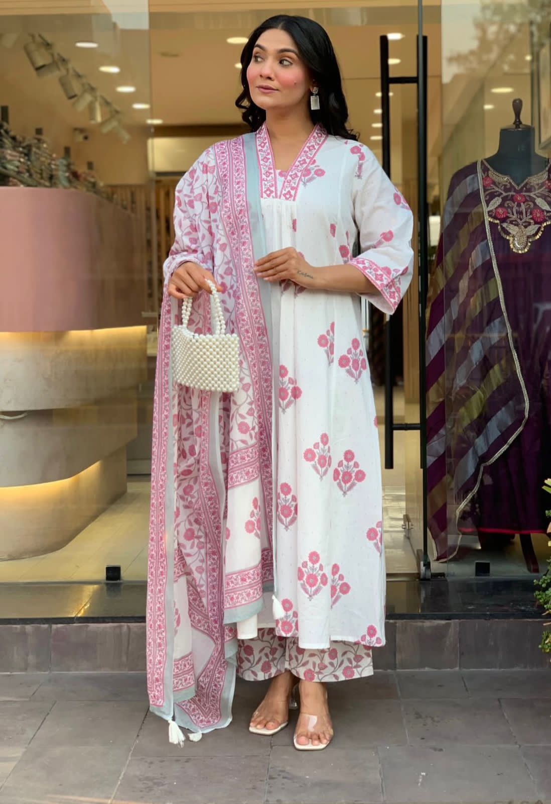 Blush Floral Printed Anarkali Suit Set with Dupatta
