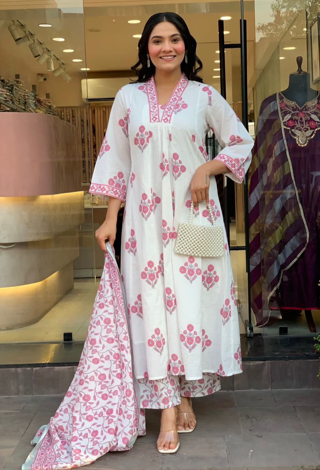 Blush Floral Printed Anarkali Suit Set with Dupatta
