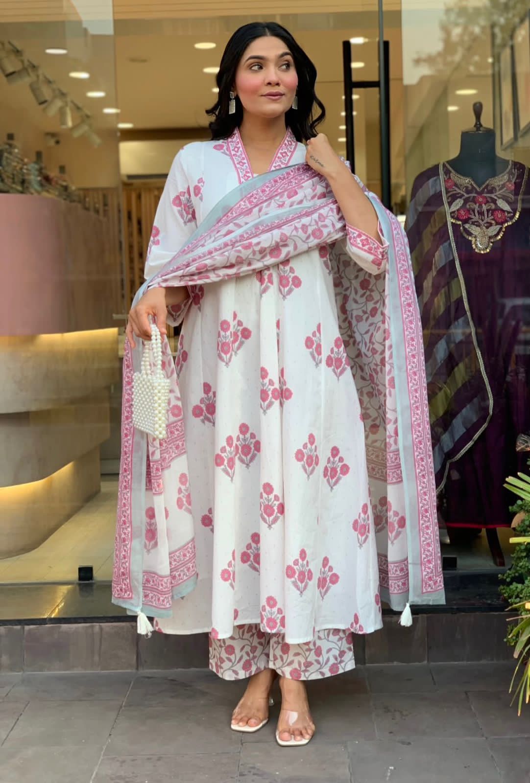 Blush Floral Printed Anarkali Suit Set with Dupatta