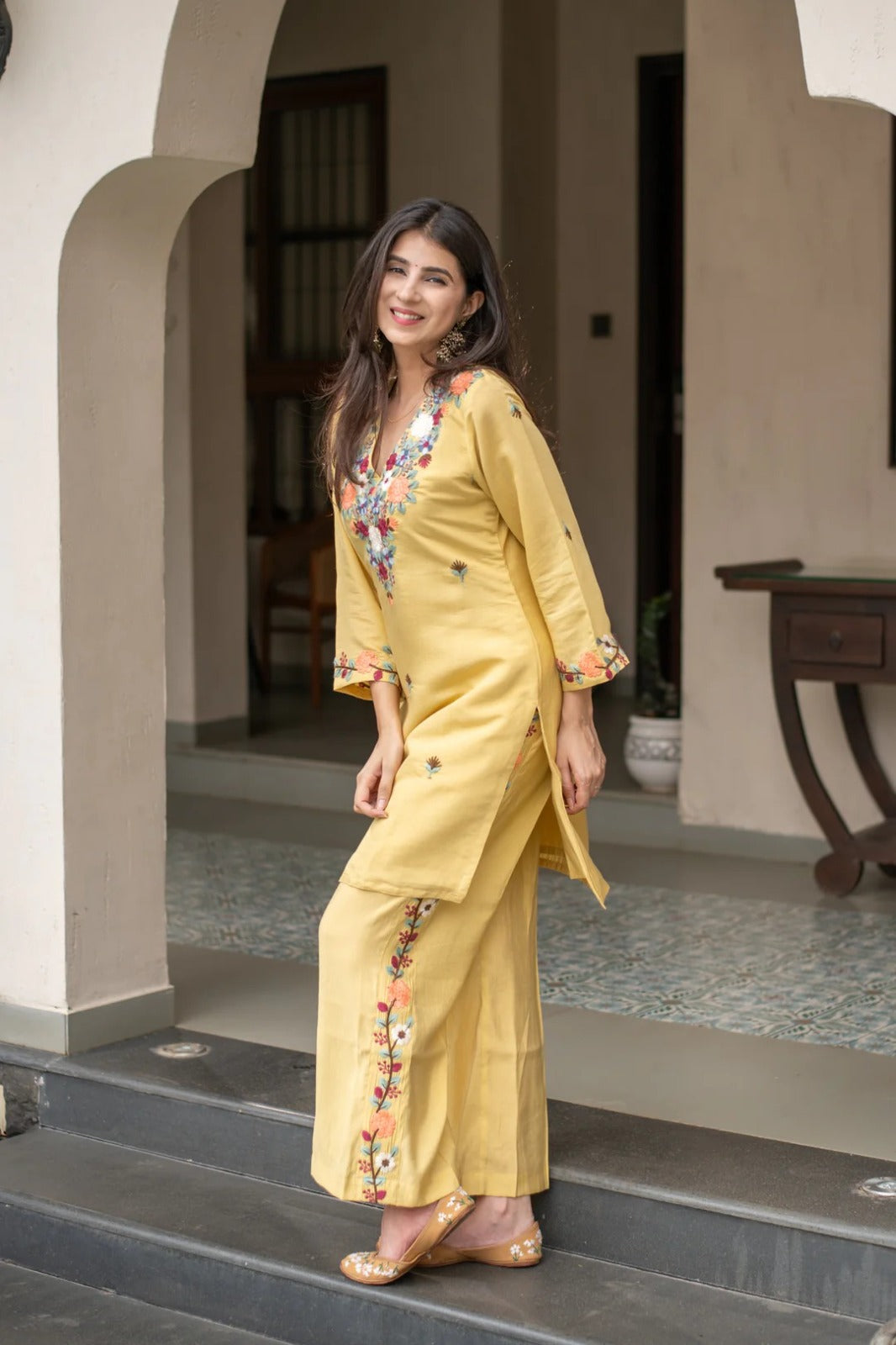 Yellow Embroidered Straight Kurta Set With Pants