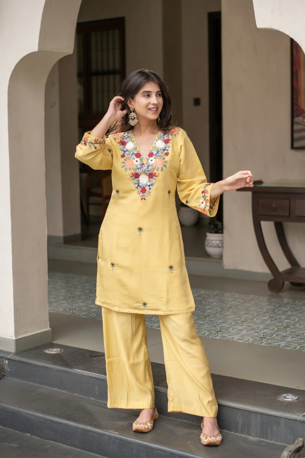 Yellow Embroidered Straight Kurta Set With Pants