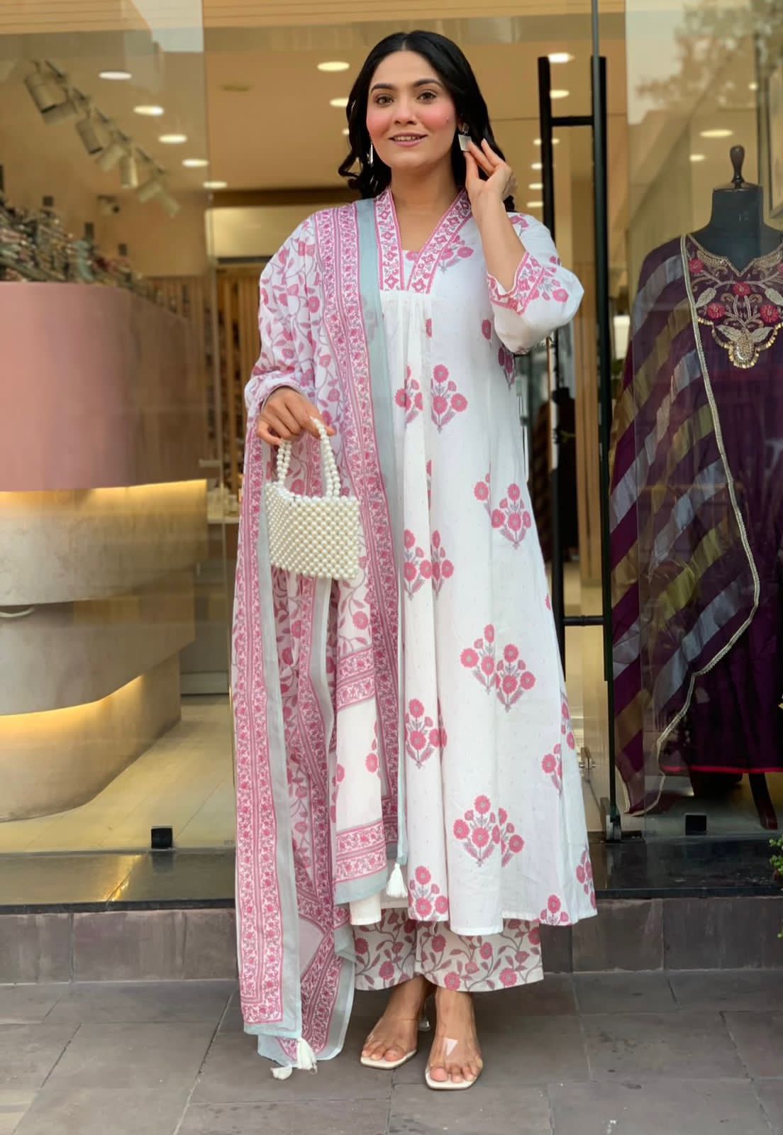 Elegant White & Pink Floral Printed Anarkali Suit Set with Dupatta