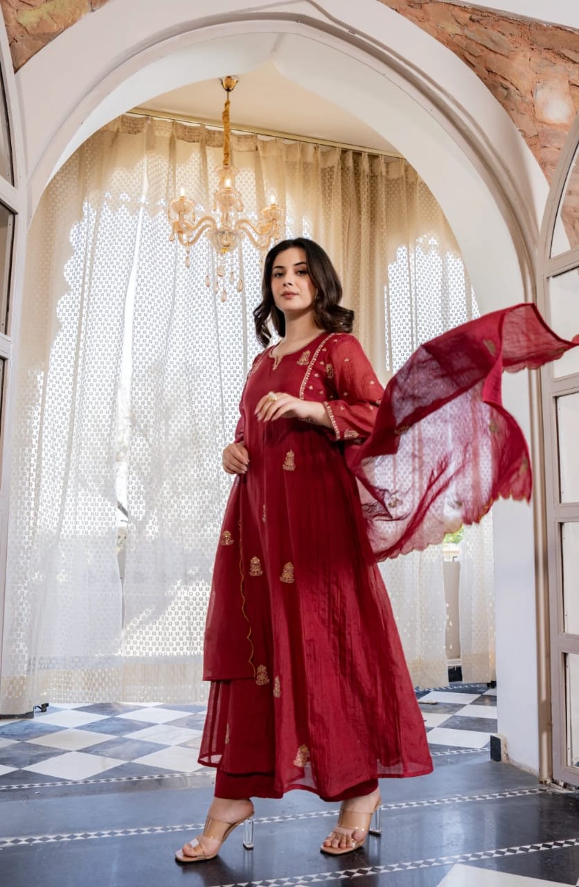 Crimson Embroidered Anarkali Suit Set with Dupatta