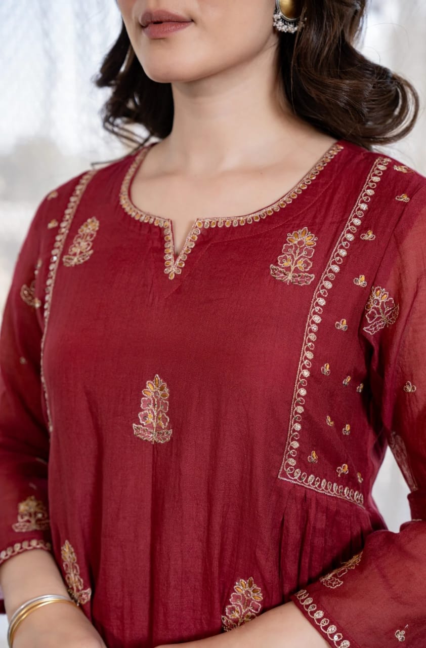 Crimson Embroidered Anarkali Suit Set with Dupatta
