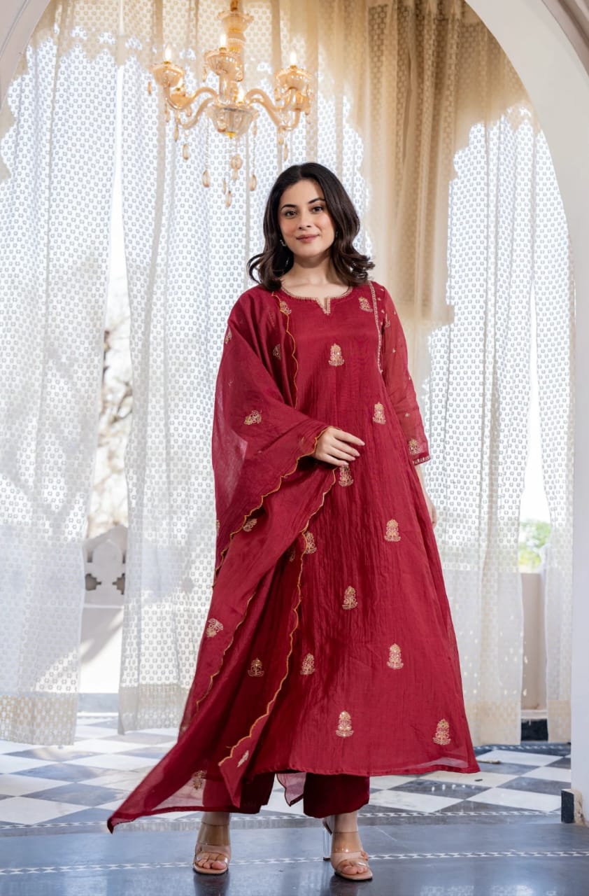 Crimson Embroidered Anarkali Suit Set with Dupatta