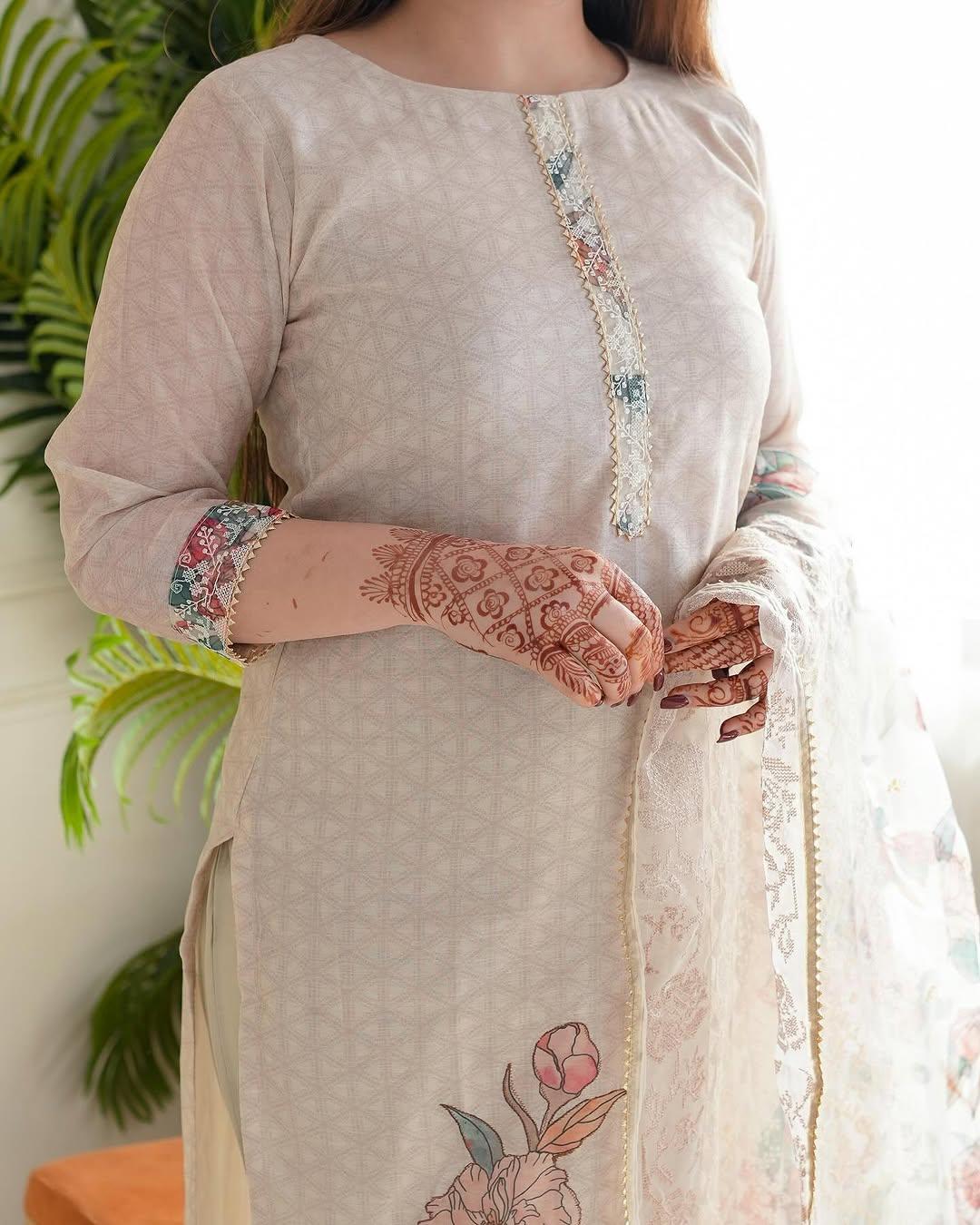 Elegant Floral Printed Cotton Suit Set with Sheer Dupatta