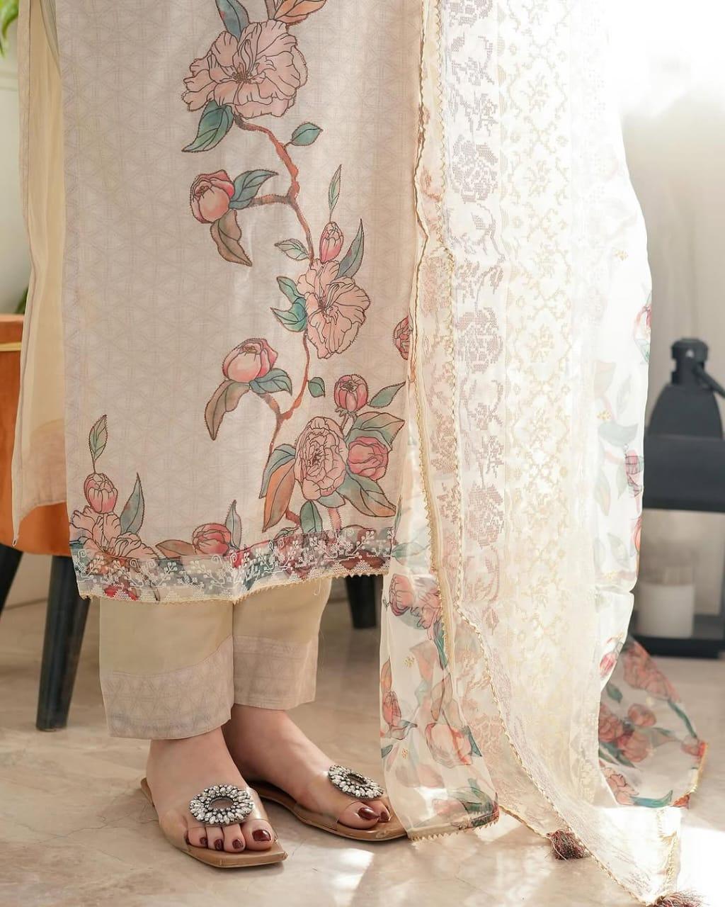 Elegant Floral Printed Cotton Suit Set with Sheer Dupatta