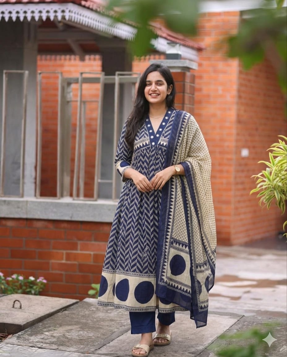 Blue Printed Cotton Anarkali Suit Set with Dupatta