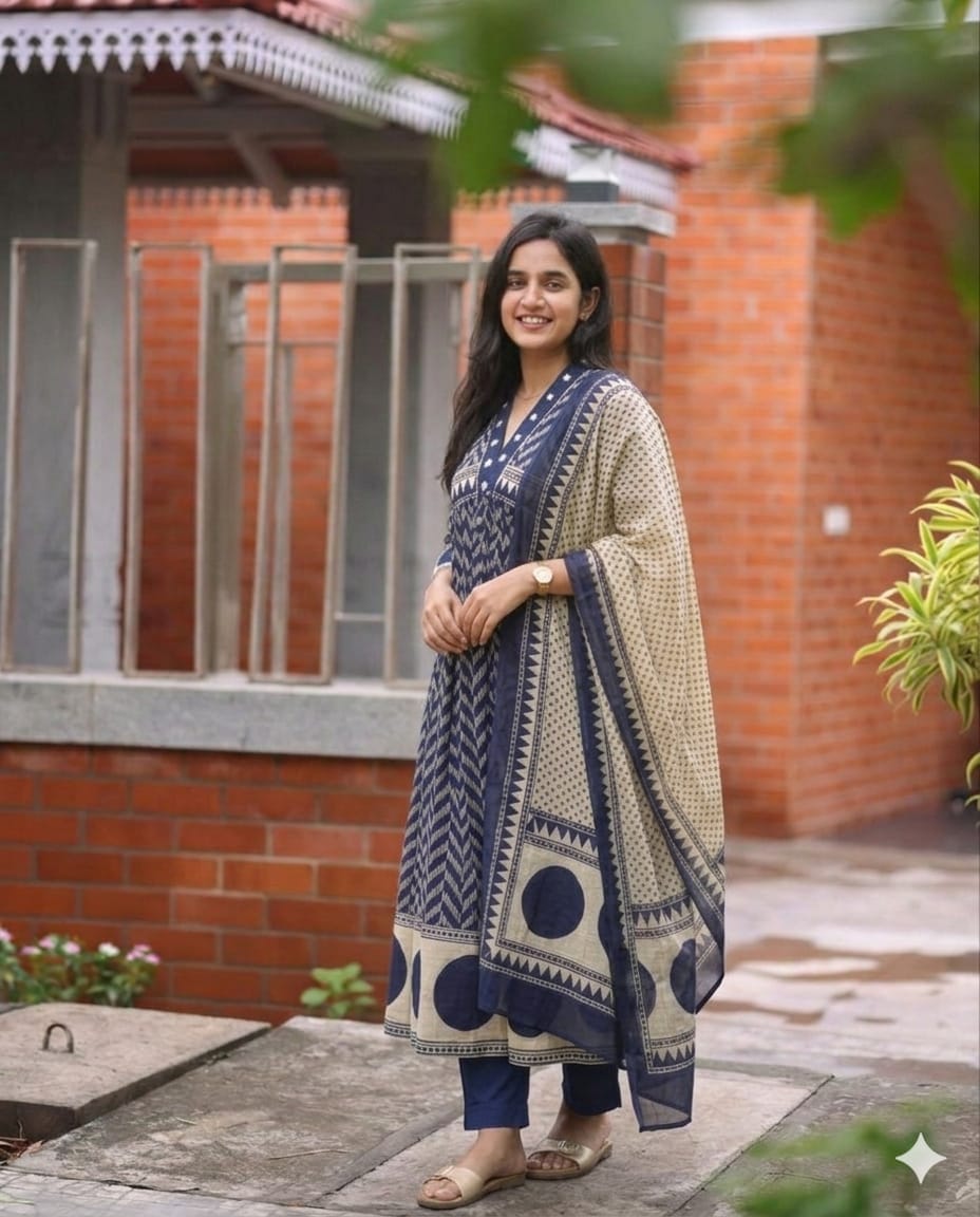 Blue Printed Cotton Anarkali Suit Set with Dupatta