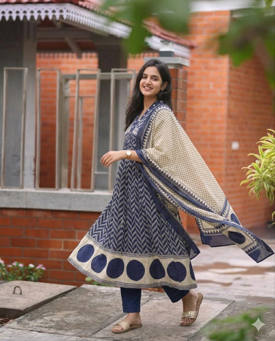 Blue Printed Cotton Anarkali Suit Set with Dupatta