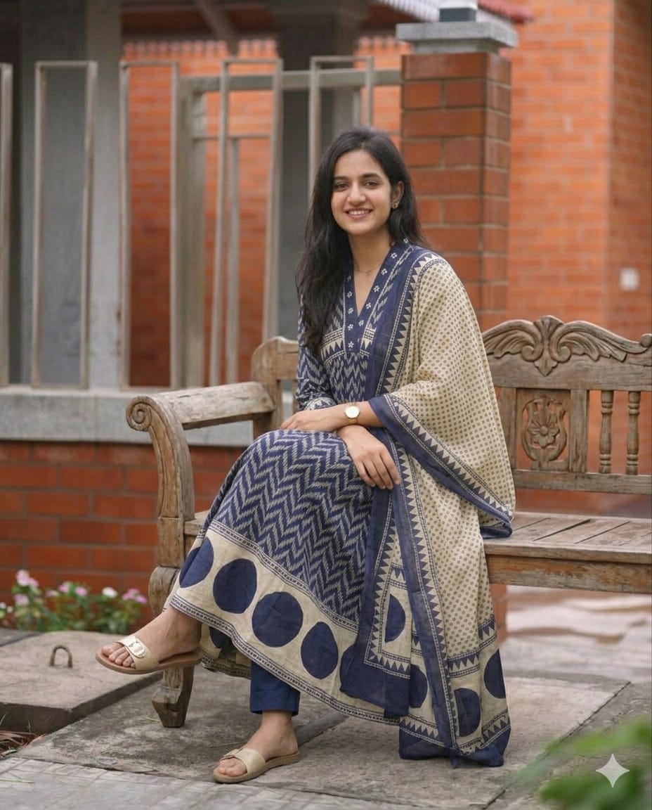 Blue Printed Cotton Anarkali Suit Set with Dupatta