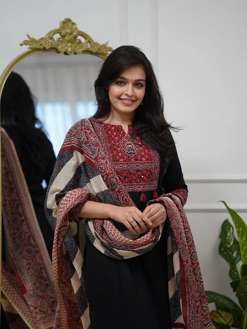 Elegant Black Embroidered Kurta Set with Printed Dupatta