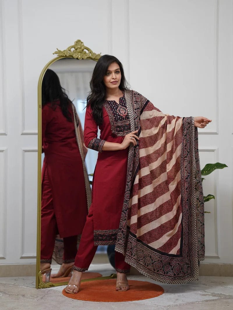Elegant Wine Red Embroidered Kurta Set with Printed Dupatta