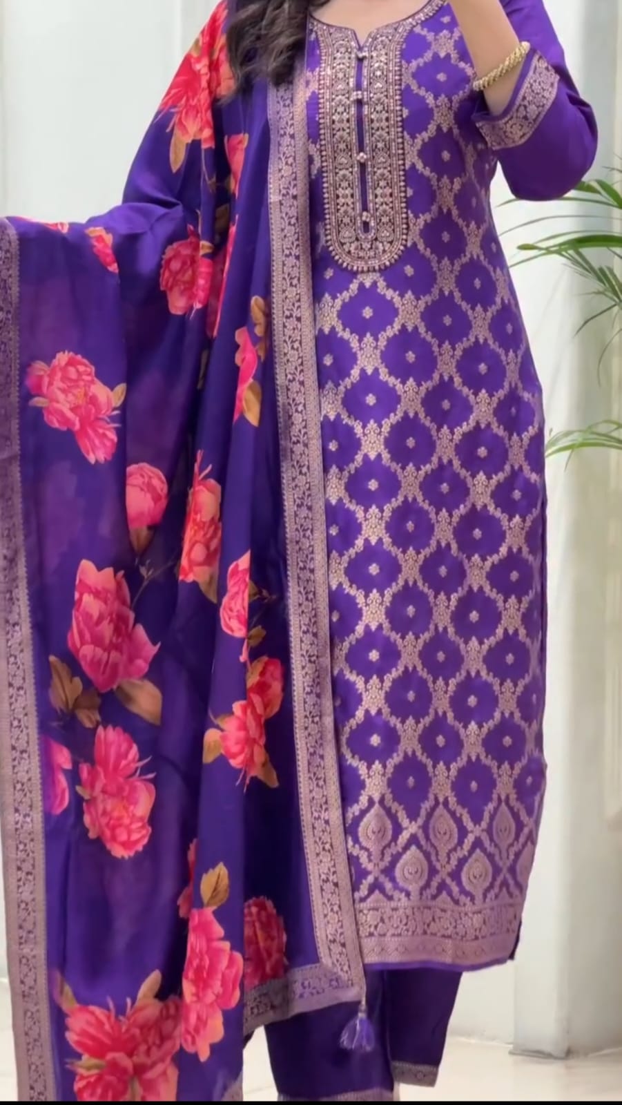 Elegant Purple Kurta Set with Floral Dupatta