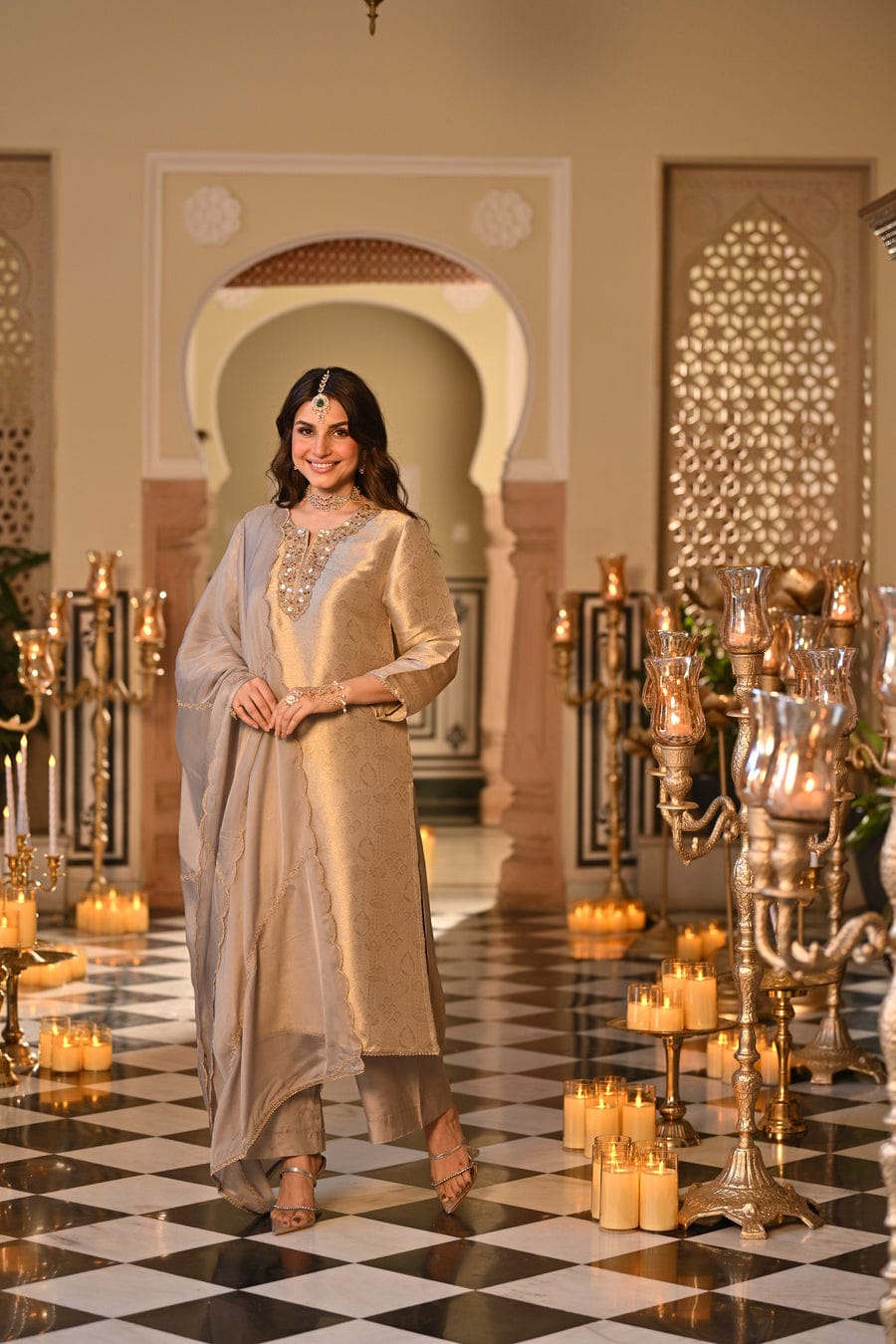 Champagne Gold Embroidered Straight Kurta Set With Dupatta