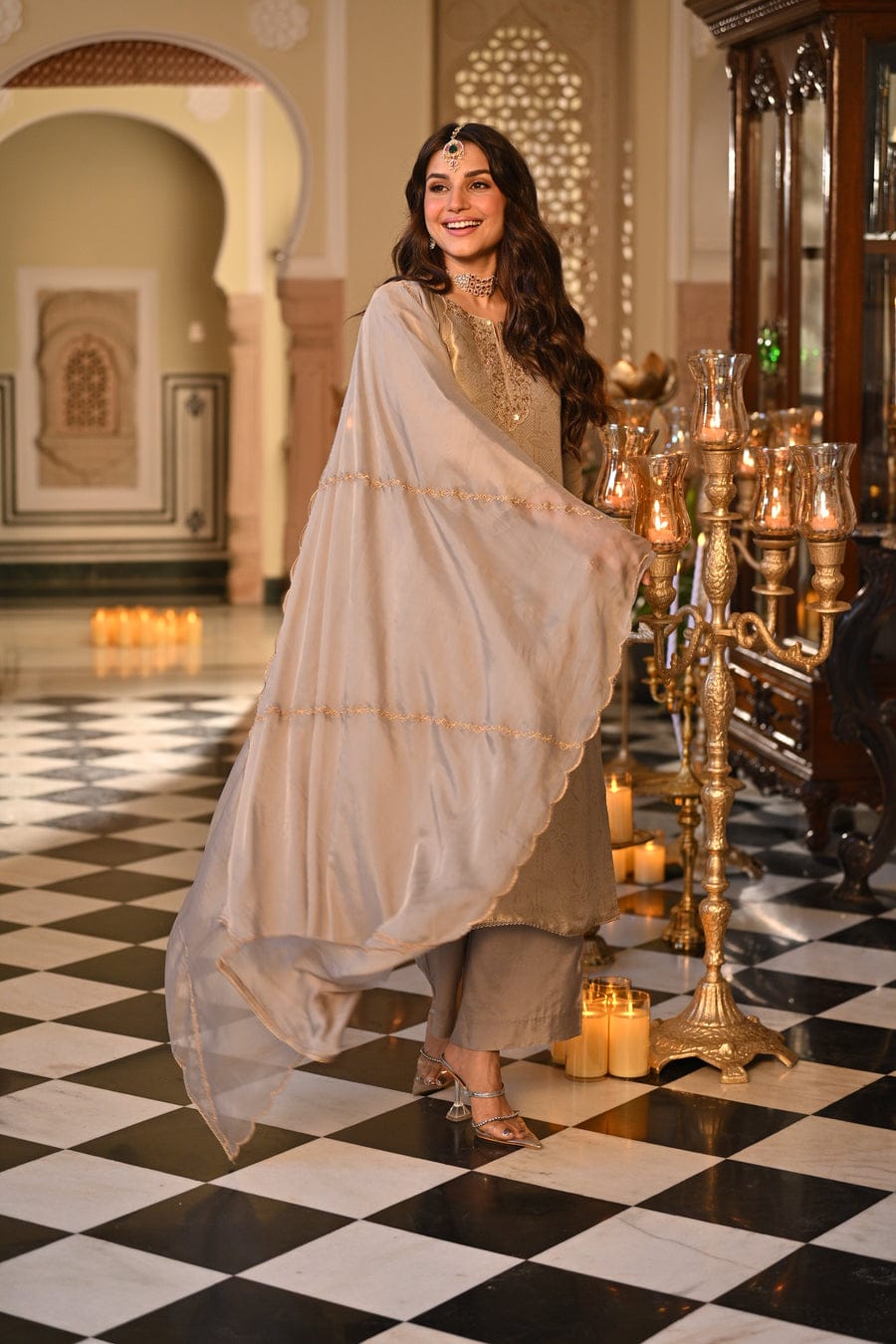 Champagne Gold Embroidered Straight Kurta Set With Dupatta