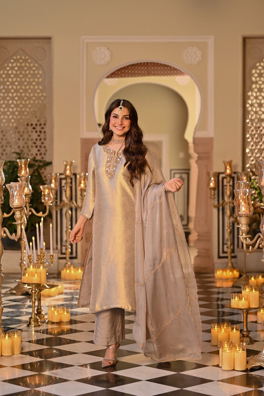 Champagne Gold Embroidered Straight Kurta Set With Dupatta