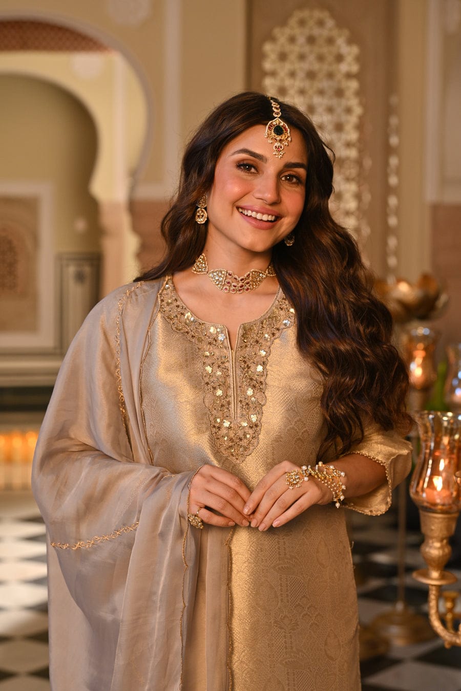 Champagne Gold Embroidered Straight Kurta Set With Dupatta