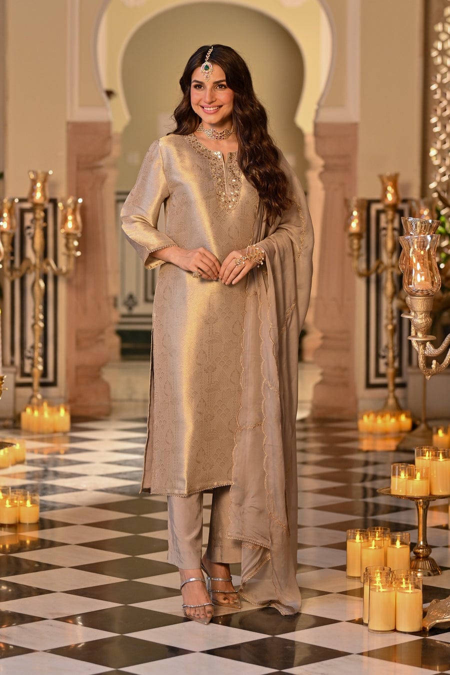 Champagne Gold Embroidered Straight Kurta Set With Dupatta