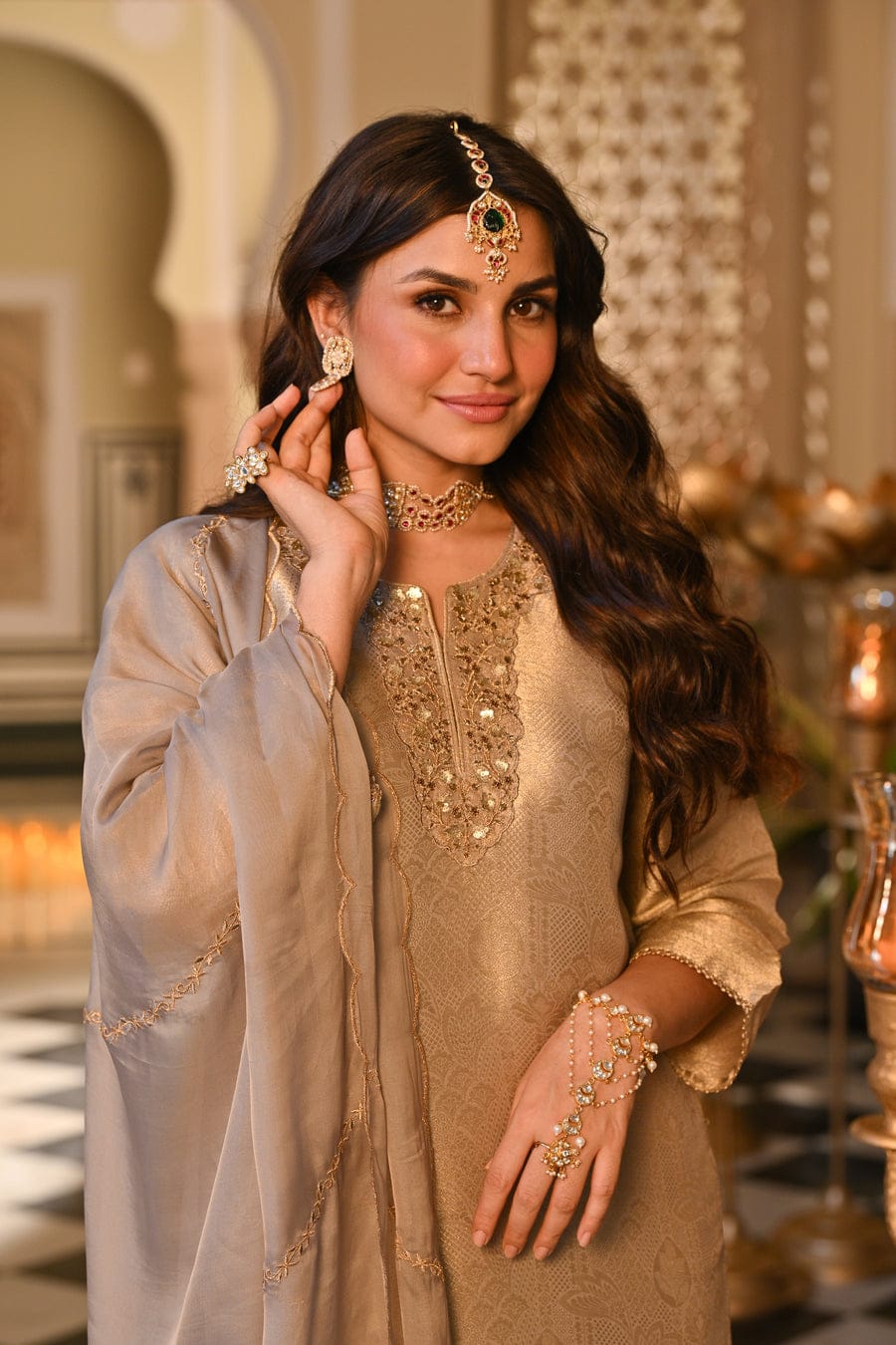 Champagne Gold Embroidered Straight Kurta Set With Dupatta
