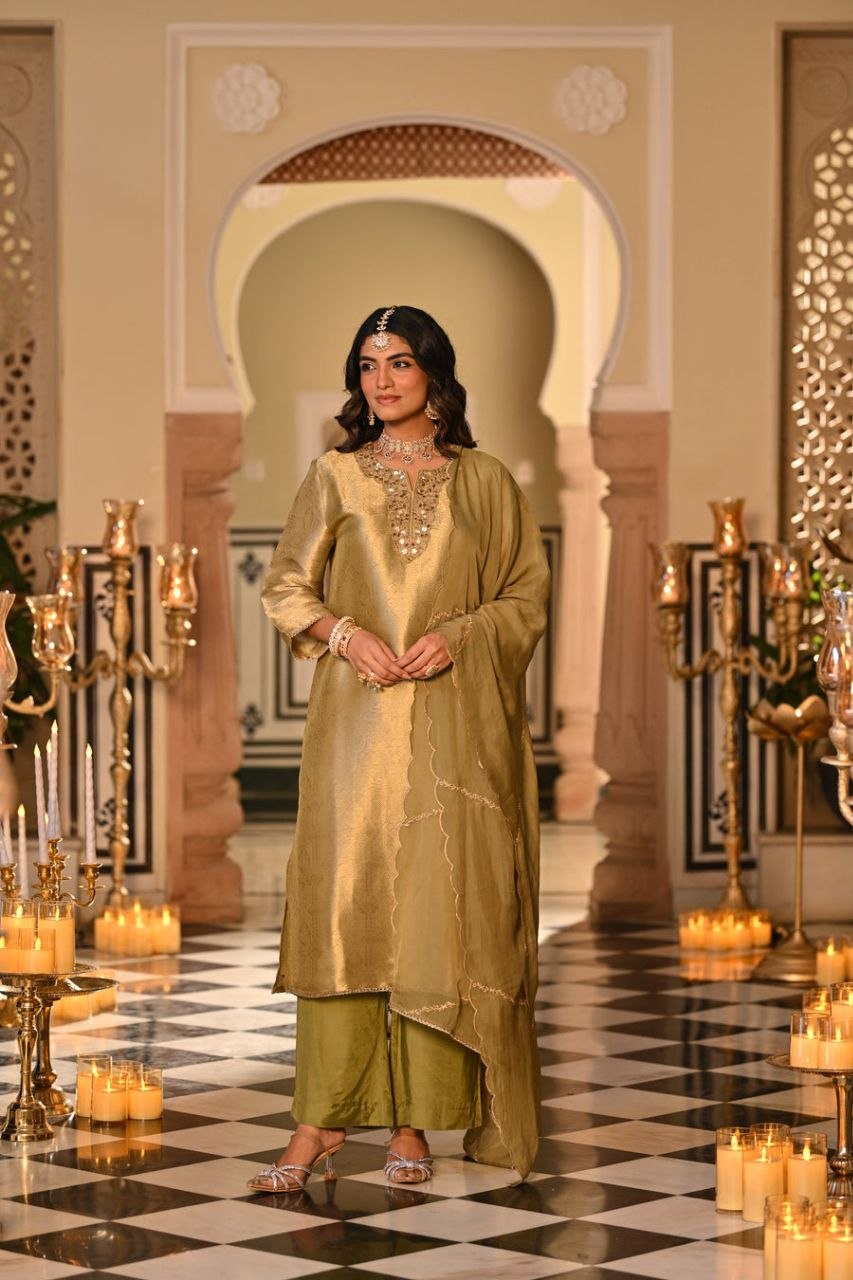Champagne Yellow Embroidered Straight Kurta Set With Dupatta