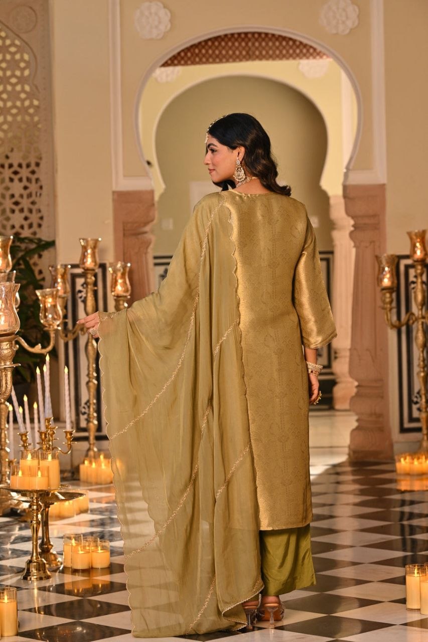 Champagne Yellow Embroidered Straight Kurta Set With Dupatta