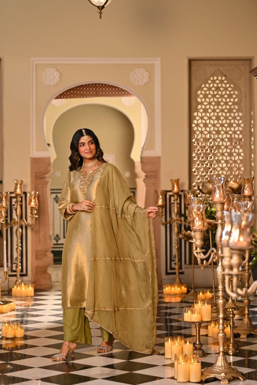 Champagne Yellow Embroidered Straight Kurta Set With Dupatta