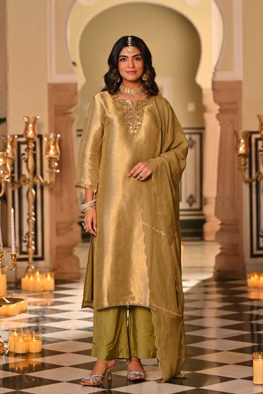 Champagne Yellow Embroidered Straight Kurta Set With Dupatta