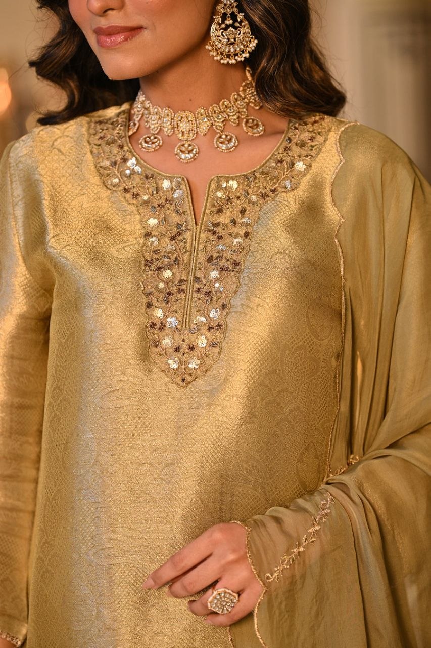Champagne Yellow Embroidered Straight Kurta Set With Dupatta